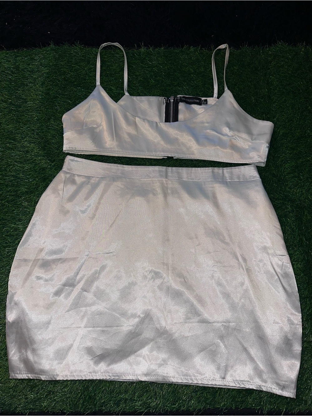 PrettyLittleThing Iridescent White Satin Mini Skirt Set
